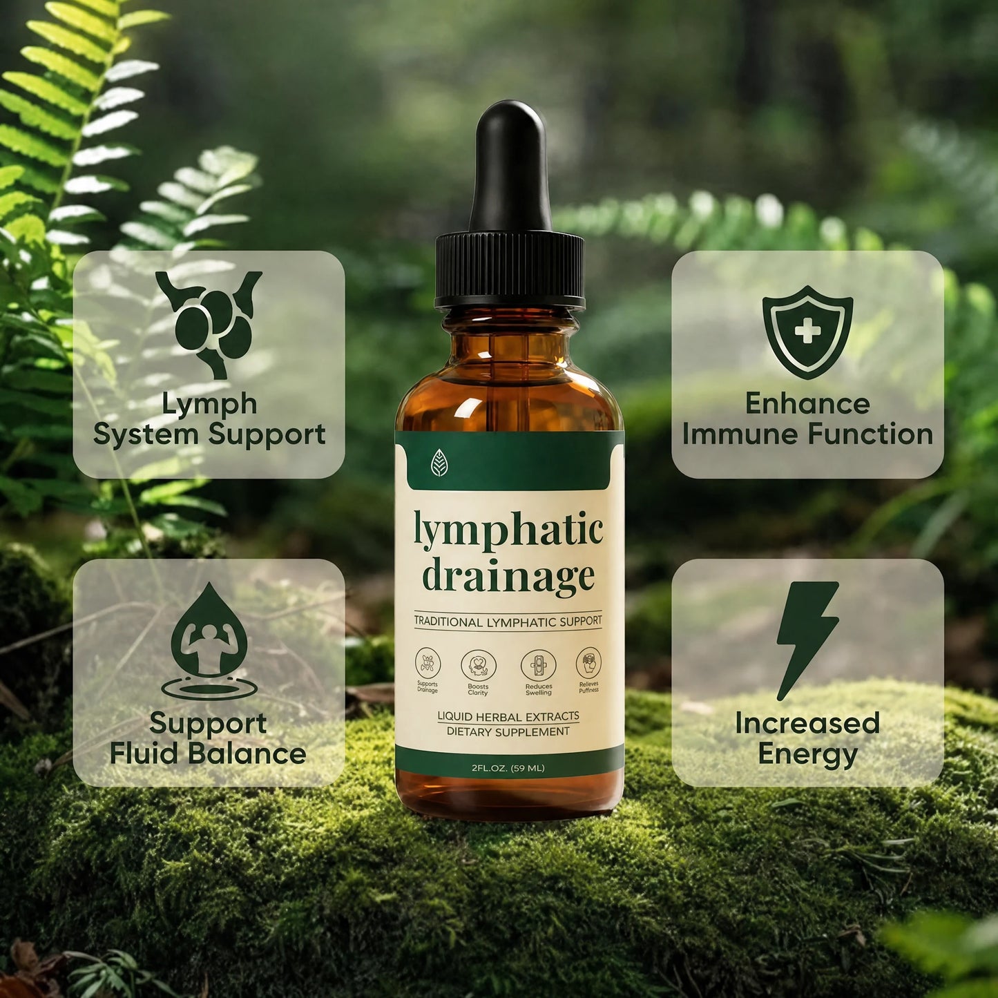 IronVel Lymphatic Drainage Drops benefits — lymph system support, enhanced immune function, fluid balance and increased energy, on a forest backdrop