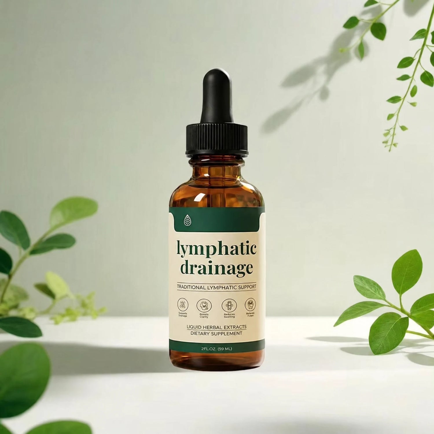 IronVel Lymphatic Drainage Drops bottle on a sage studio background with leaf branches