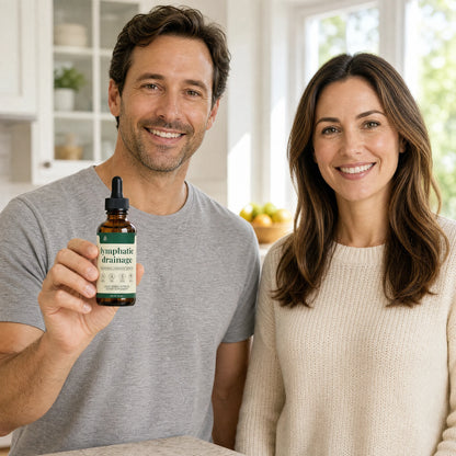 IronVel Lymphatic Drainage Drops — man and woman with the bottle in a bright kitchen
