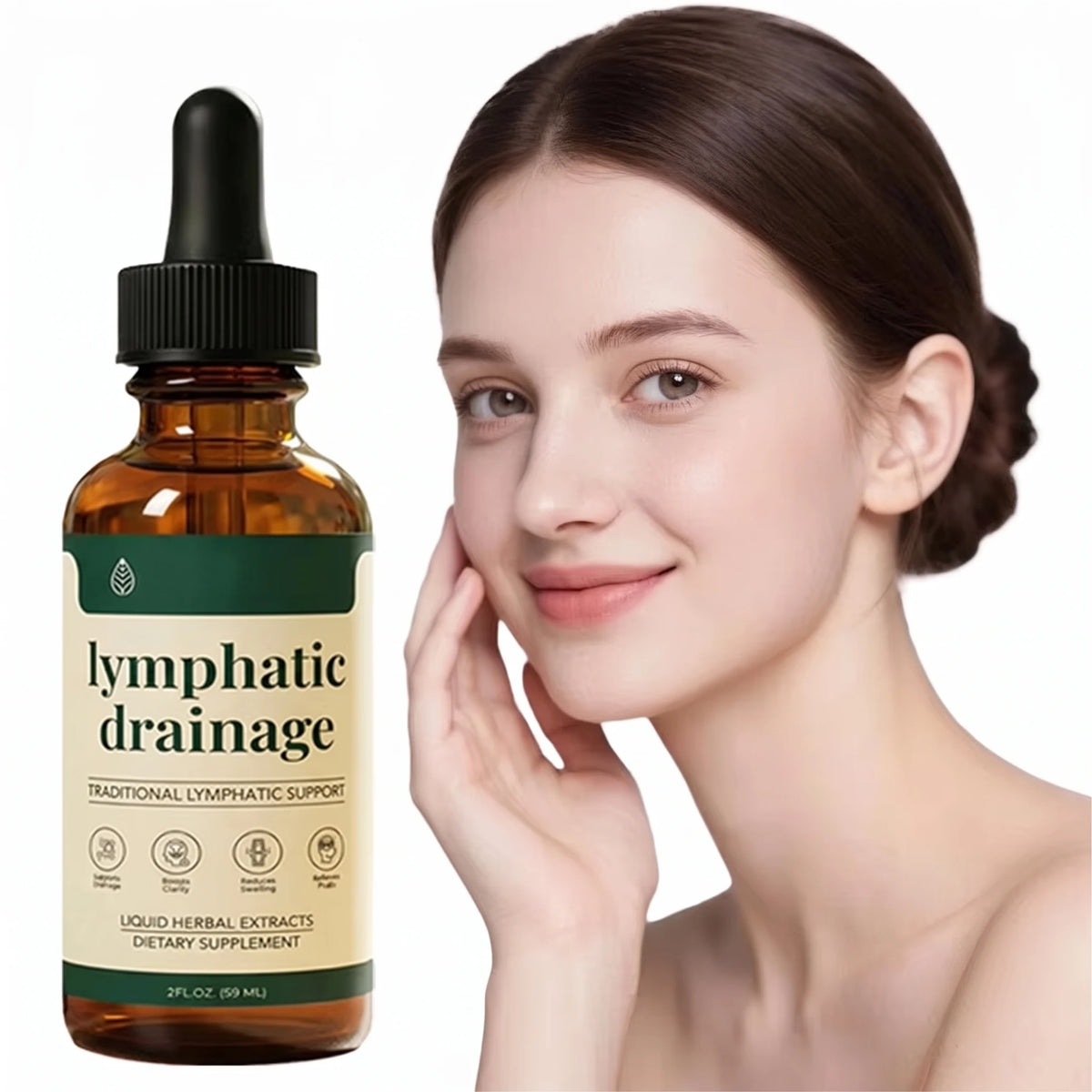 Woman's face, de-puffing lifestyle shot for IronVel Lymphatic Drainage Drops