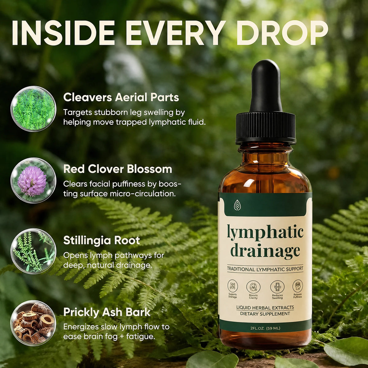 Inside every drop of IronVel Lymphatic Drainage Drops — Cleavers, Red Clover, Stillingia Root and Prickly Ash Bark