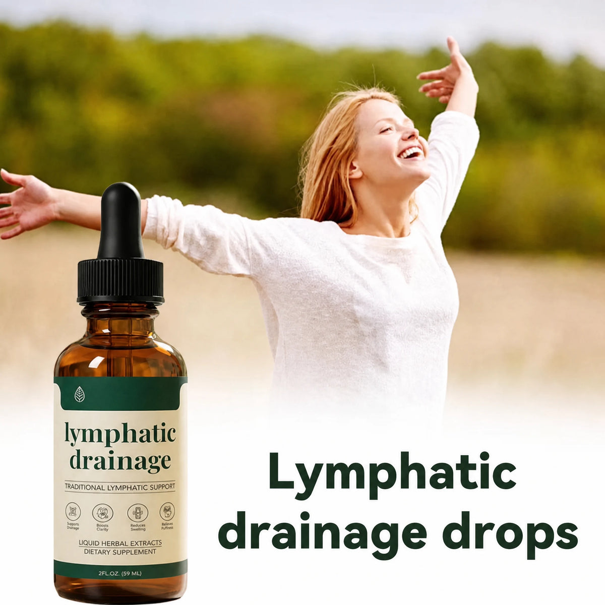 Woman holding IronVel Lymphatic Drainage Drops outdoors in a field