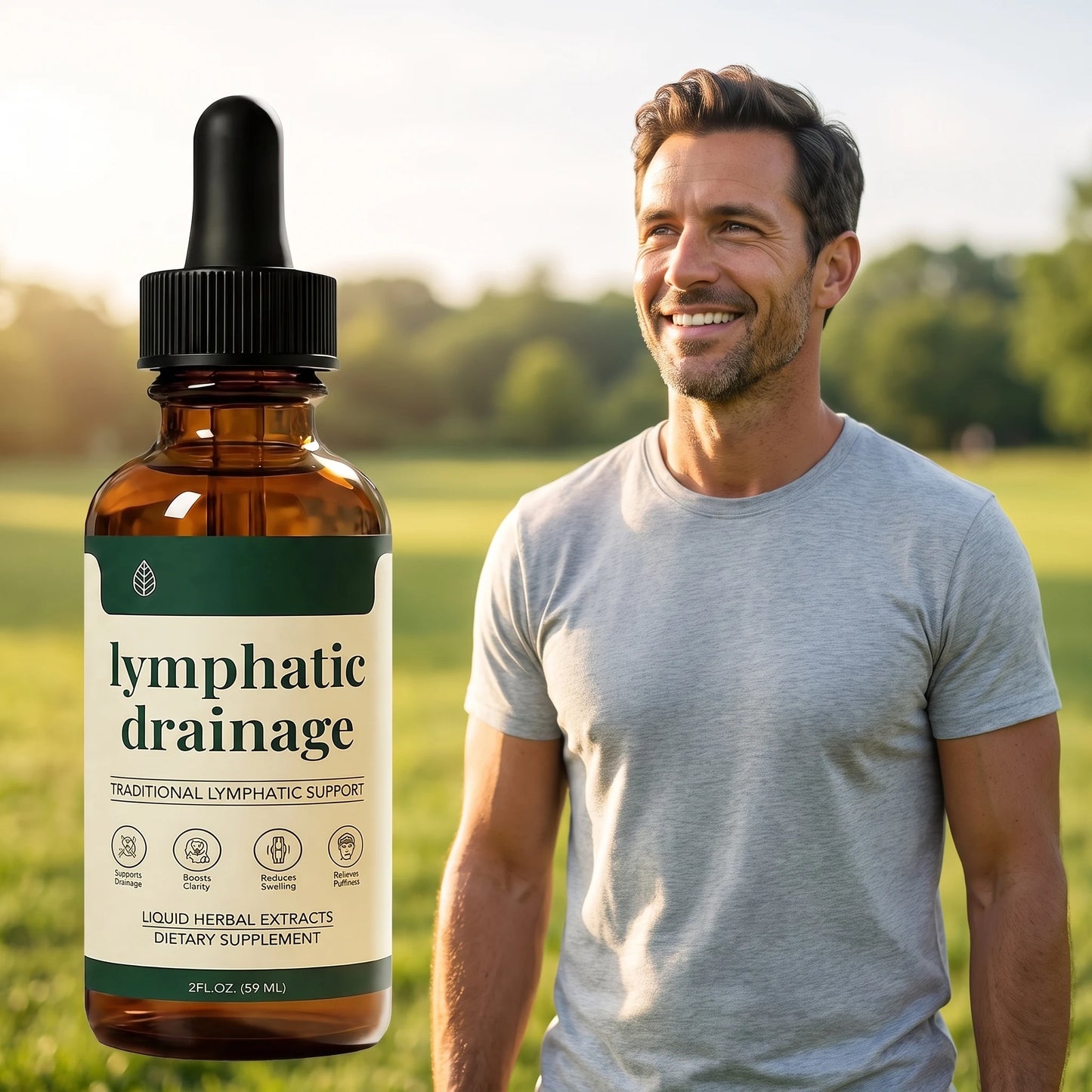 IronVel Lymphatic Drainage Drops — bottle with smiling man outdoors