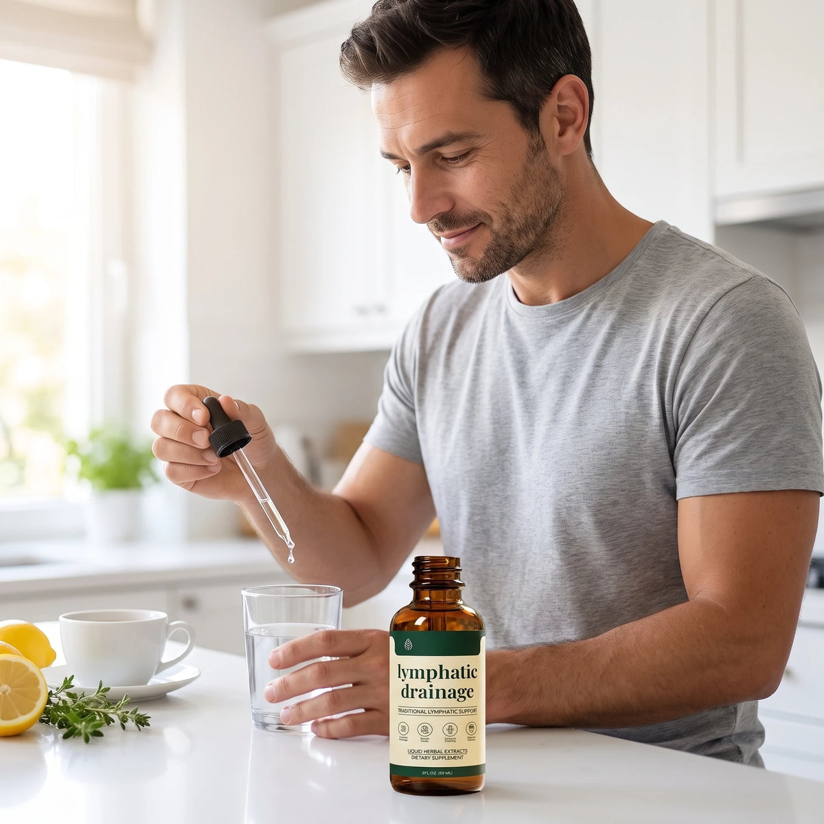 IronVel Lymphatic Drainage Drops — man taking the drops as part of a morning ritual