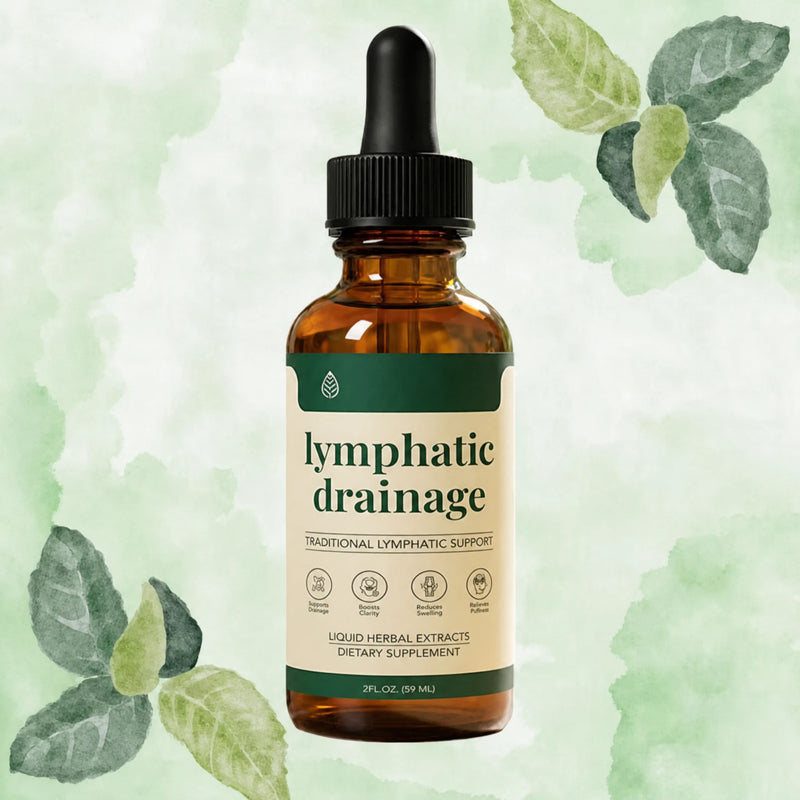 IronVel Lymphatic Drainage Drops bottle on a watercolour wash with painted leaf sprigs